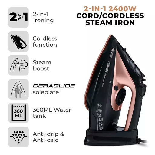 TOWER T22008RG Cordless Steam Iron - Black & Rose Gold